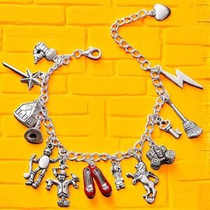 Wizard of Oz Charm Bracelet Dorothy Scarecrow Tin Man Lion Ruby Slippers Sphere